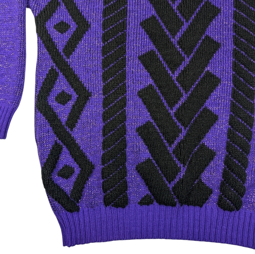 Vintage purple/metallic sweater W black geometric. Centennial Knits Ltd. Lg - Picture 3 of 14